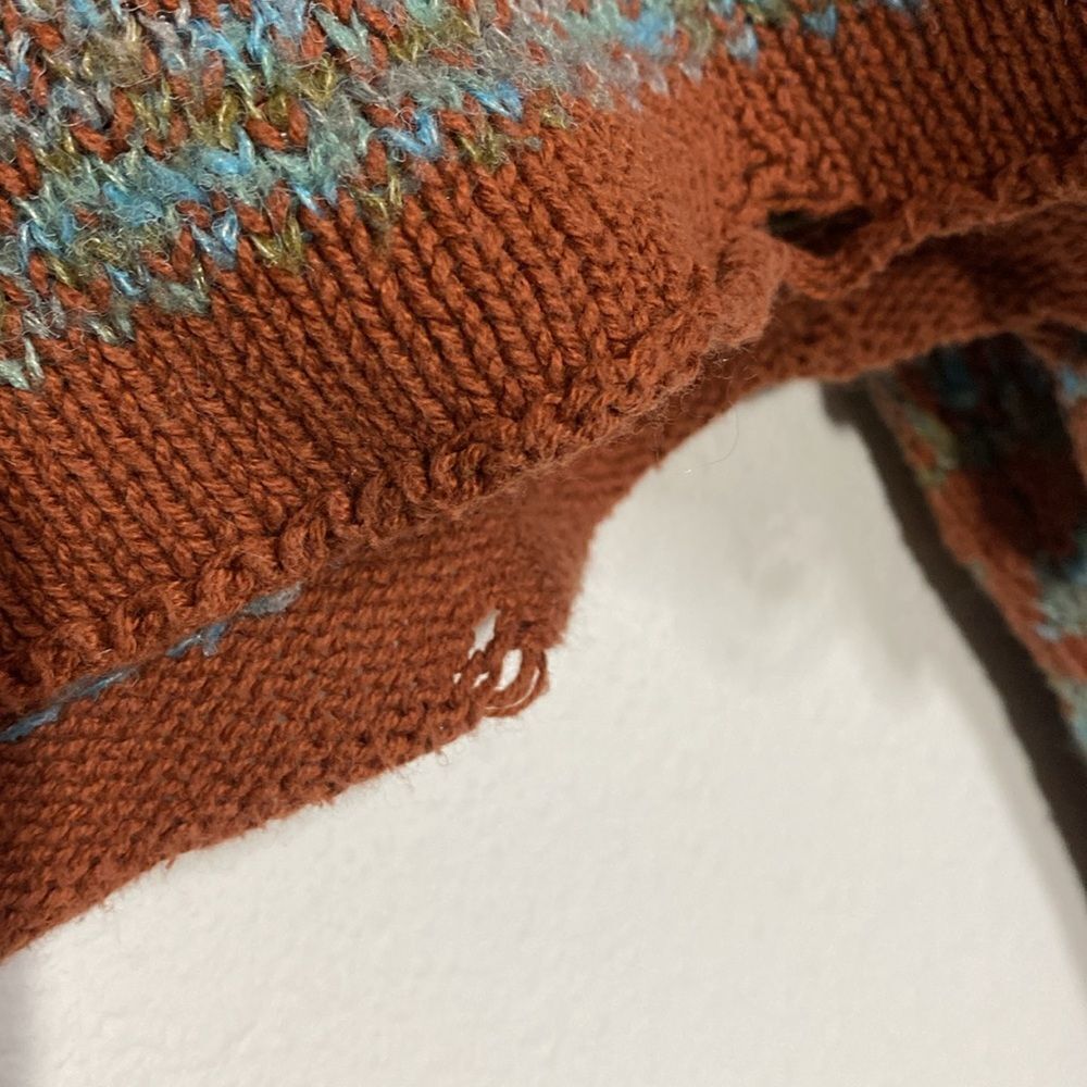 BDG Distressed Brown & Teal Cropped Fair Isle Long Sleeve Sweater - Picture 6 of 10